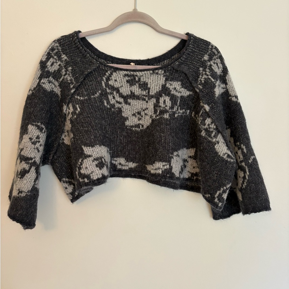 Free People Black and Gray Floral Sweater